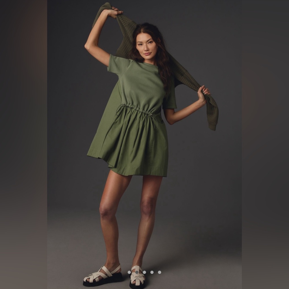PILCRO Short-Sleeve Sweatshirt Twofer Mini Dress in Moss Green XS!